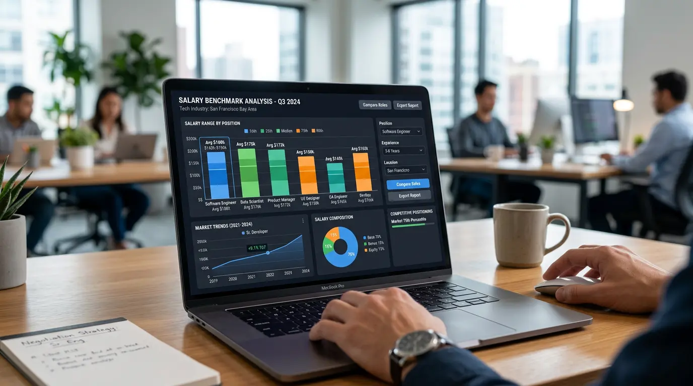 Datengestützte Gehalts-Benchmark-Analyse auf einem Tablet – Karriereplanung im DACH-Raum.